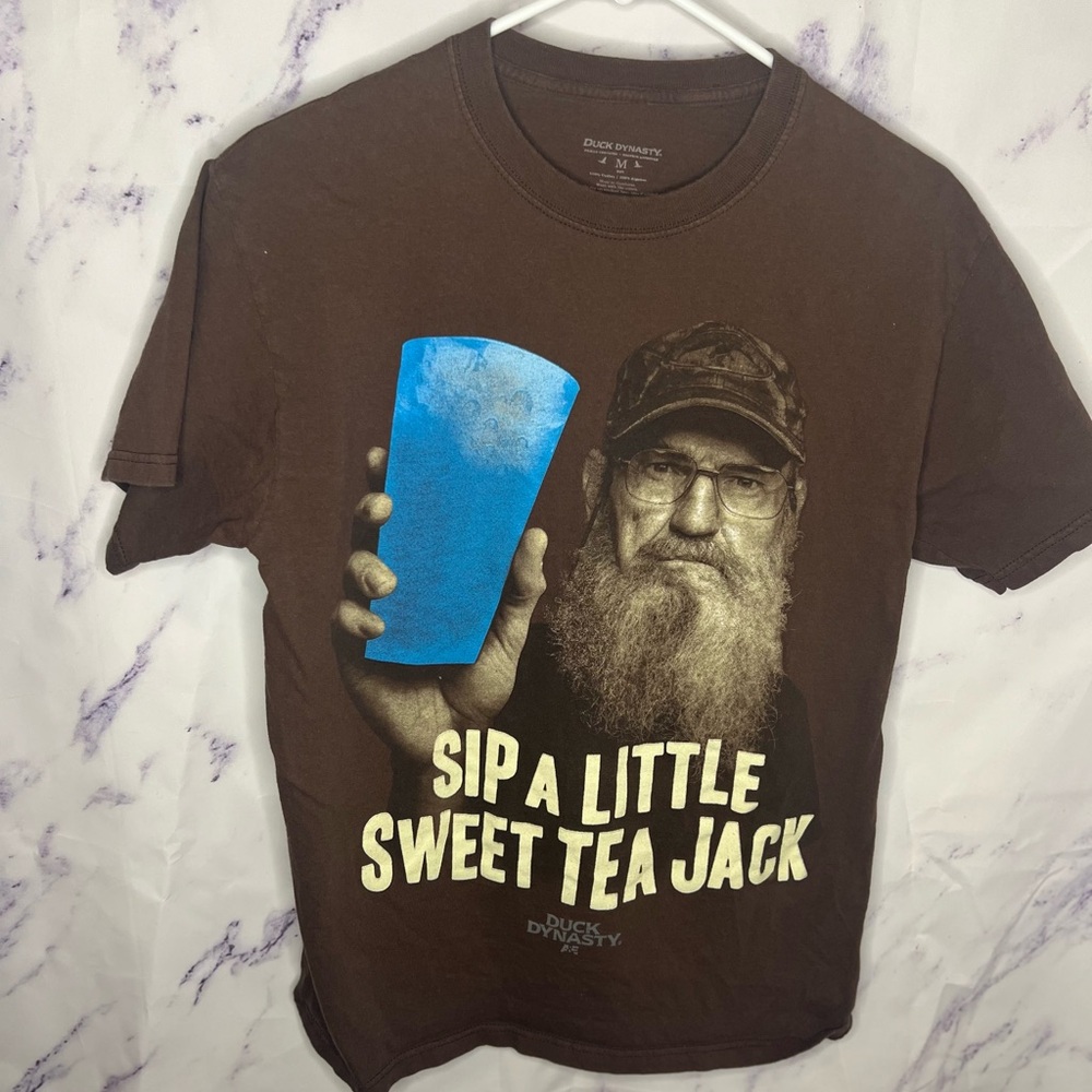 Duck Dynasty Uncle Si Brown Graphic T-Shirt with Blue Cup Design Sz M